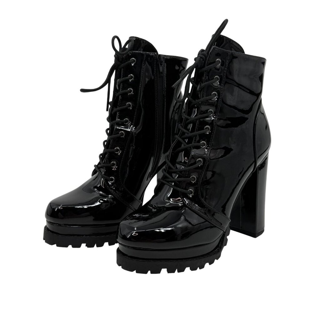 Black Faux Patent Leather Lug Sole Platform Heel Boots 10 | Baddie Dark Romance - Picture 13 of 16